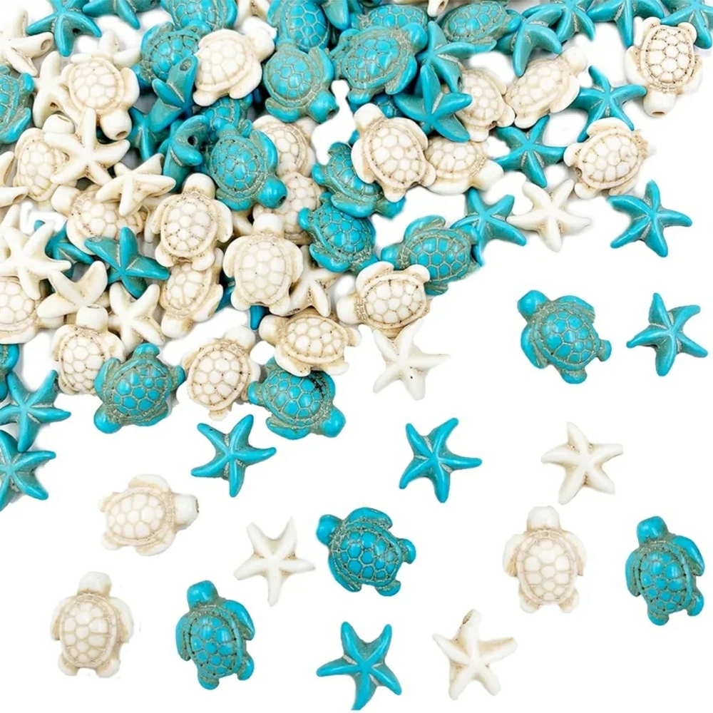 Turquoise & White Sea Turtle and Starfish Beads - Decorative Craft Mix